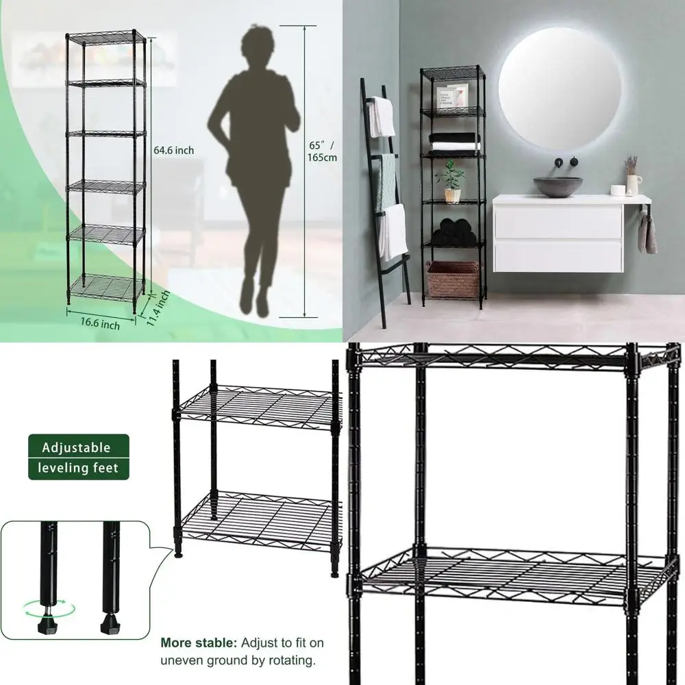 

Adjustable 6-Wire Shelving Unit for Home Storage: Glossy Black, 16.6x11.4x64.6