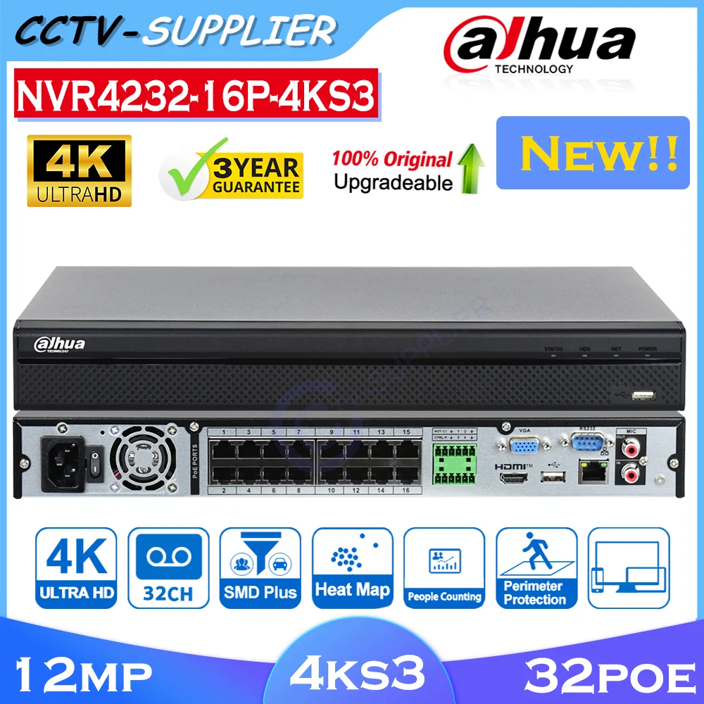 Dahua NVR4232-16P-4KS3 Grabador NVR de 32 Canales, Serie 4, 2 Bahías, 1U, 2 HDD, 4K, 16 PoE, con IA, HDMI, VGA, Grabador de Video en Red