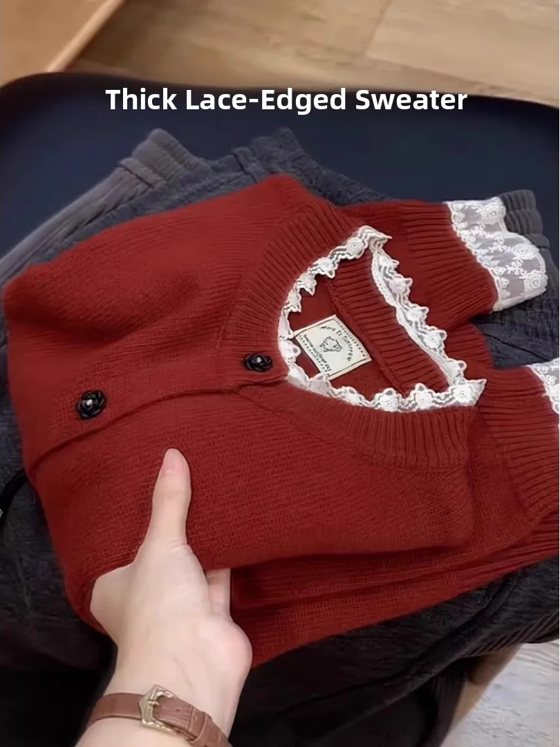 

Вязаный свитер больших размеров с кружевной отделкой, зимняя мода для мужчин и женщин, красный свитер с кружевной отделкой, новогодняя одежда, повседневная одежда для поездок на работу
