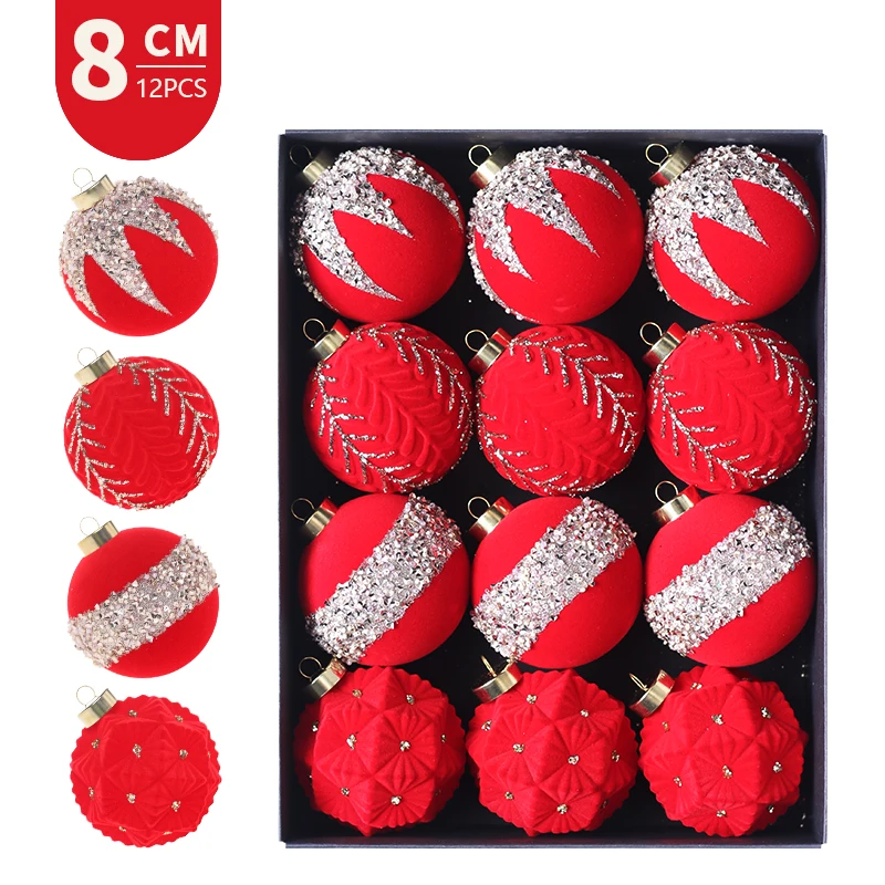 Set di palline di natale floccate rosse ornamenti per l\'albero di natale decorazione albero di natale appeso per decorazioni per feste all\'aperto al