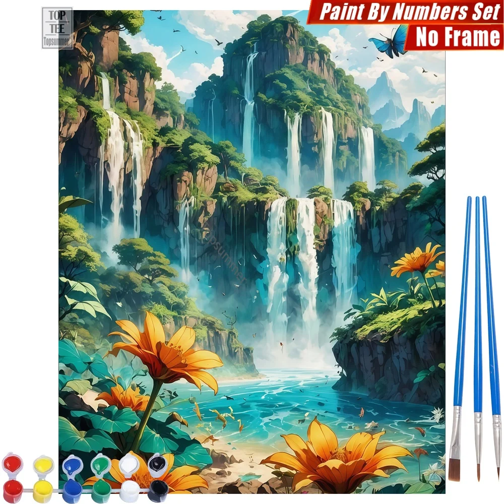 Kit de pinturas al óleo digitales Waterfall Valley Nature - Arte de pared en lienzo con flores y mariposas, regalo del Día de Muertos para mamá