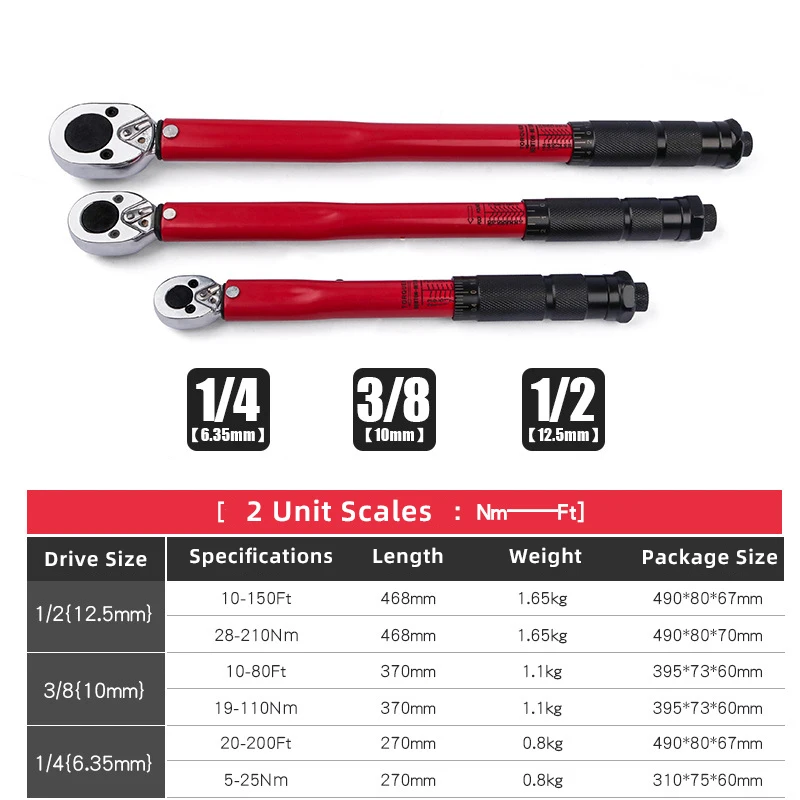 2-210N.m Precise Torque Wrench Kit 1/2 3/8 1/4 Reversible Ratchet Torque Key Professional Bicycle Motorcycle Car Automotive Tool