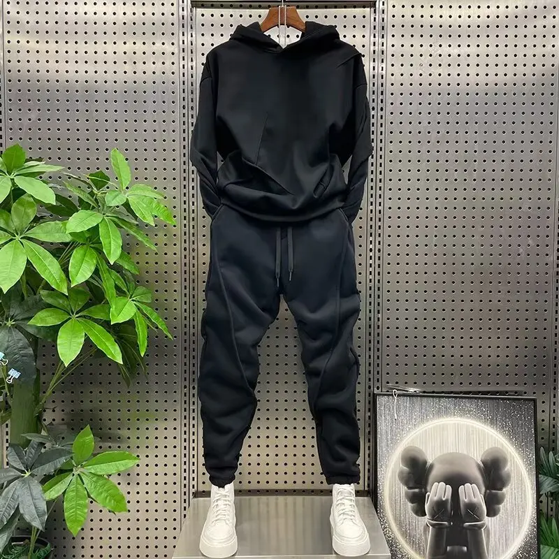 

Осенний повседневный комплект из толстовки и спортивных штанов с капюшоном, черный мужской пуловер, модные длинные брюки для подростков из 2 предметов