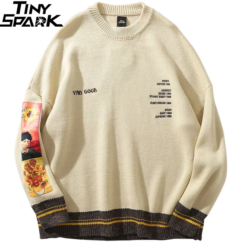 Men Sweatshirts Hip Hop Pullover Streetwear Van Gogh Painting Embroidery Knitted Retro Vintage Autumn Cotton Hoodies Fashion