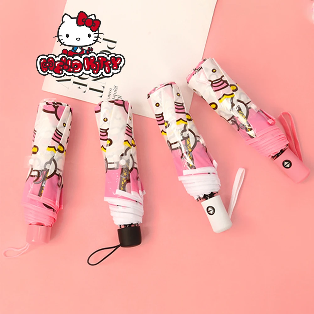 Hello Kitty Sanrio Cinnamoroll Kawaii Kuromi Anime Figure Automatic Fold Umbrella Transparent Thicken Wind Umbrella Rain Gear