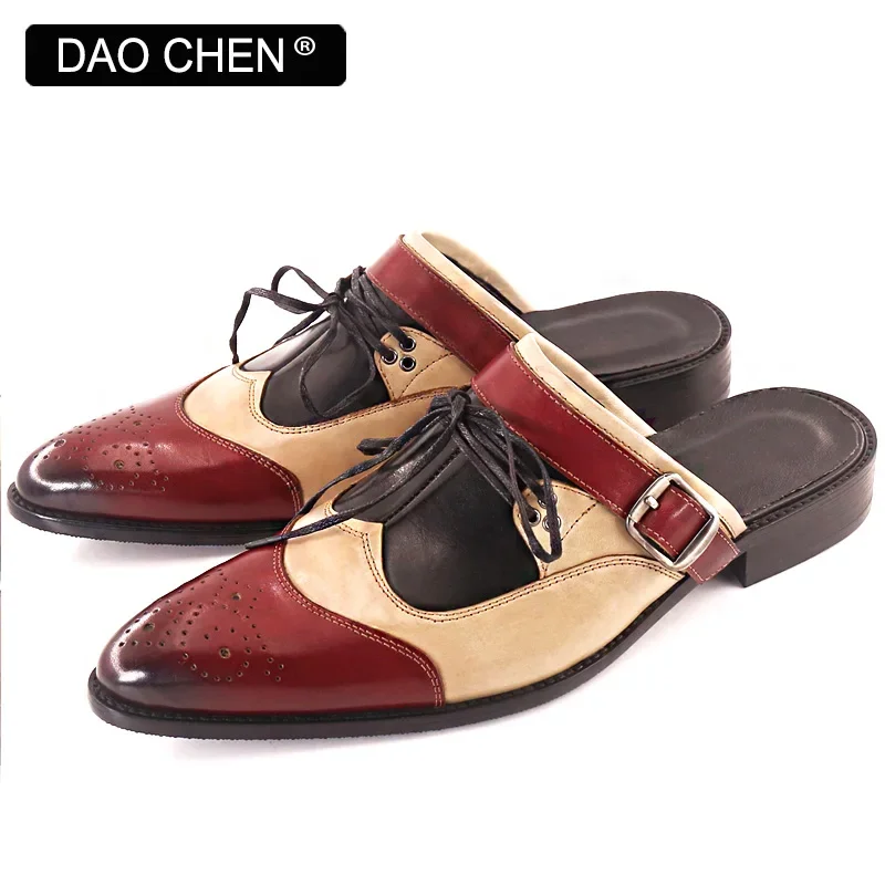 LUXURY MEN HALF SHOES MIXED COLOR POINTED SUMMER CASUAL DRESS MAN SHOES BREATHABLE COMFORTABLE GENUINE LEATHER SHOES MEN