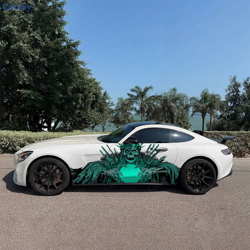 

2pcs Teal Flame Encircled Skeleton Mage Car Side Wraps, Self-Adhesive PVC Waterproof & Scratch-Resistant Stickers, Car Accessory