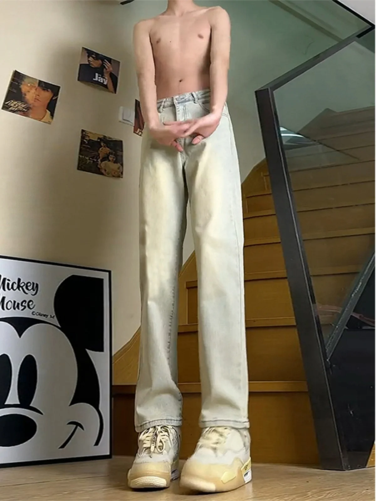 

High Waist Straight Leg Jeans Men's Summer High Waist Lift Trousers Long Legs Micro Flared Jeans Straight Cut Denim Jeans
