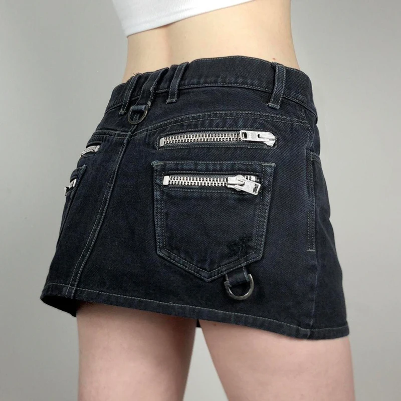 Punk Style Denim Mini Skirt Women Low Rise Zip Up Pockets Gothic Cargo Skirts Harajuku Y2k