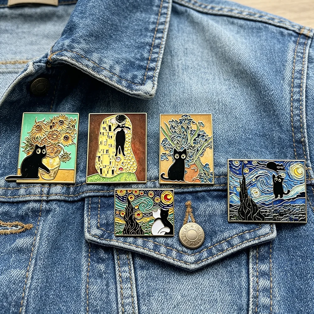 5pcs Famous Painting Black Cat Enamel Pins Set Aesthetic Vintage Sunflower Art Brooches Badge Pins for Backpack Fans Collectible