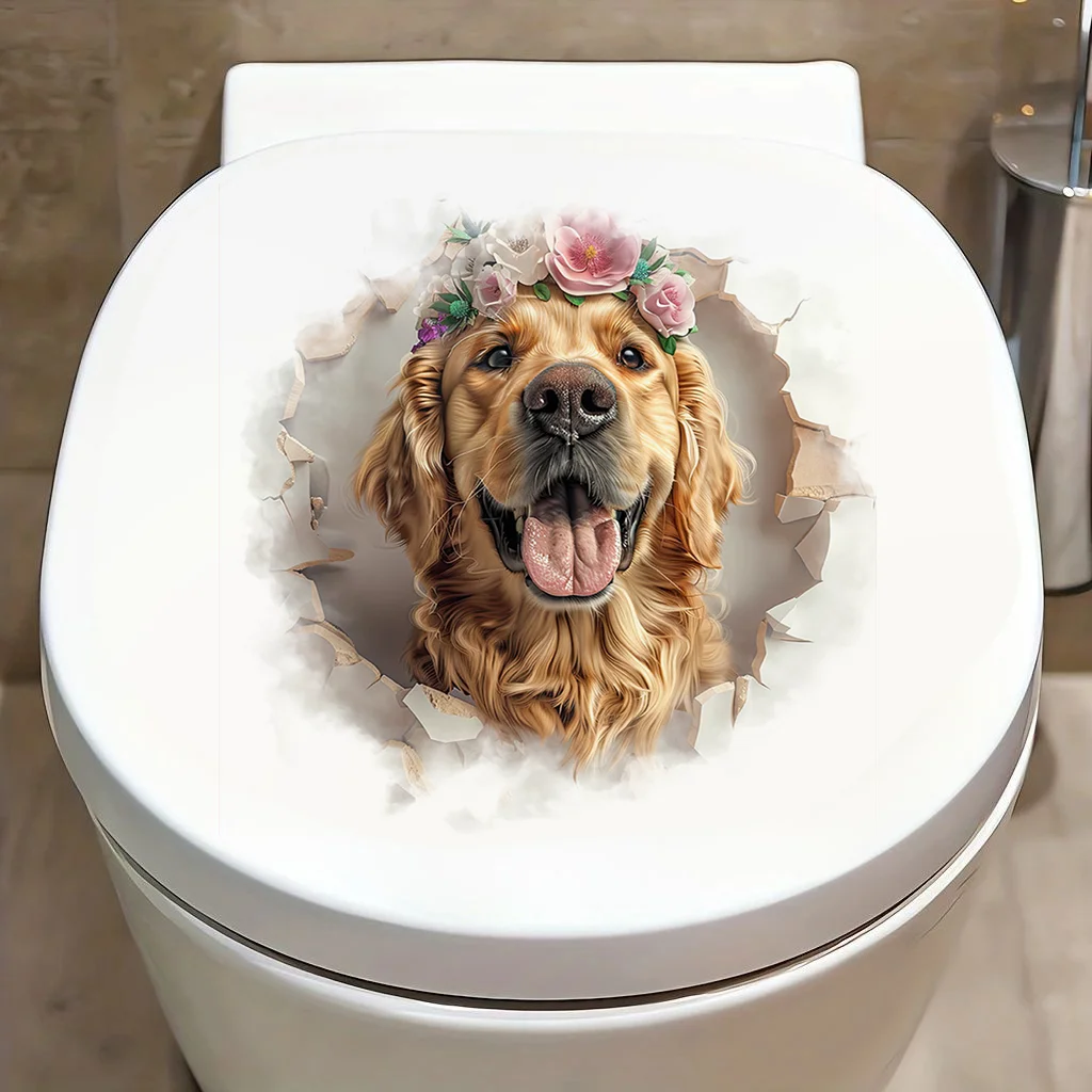 

90759# Cute Golden Retriever Dog Toilet Sticker, Durable Material, Perfect for Home Wall Decor, Aesthetic Room Decoration
