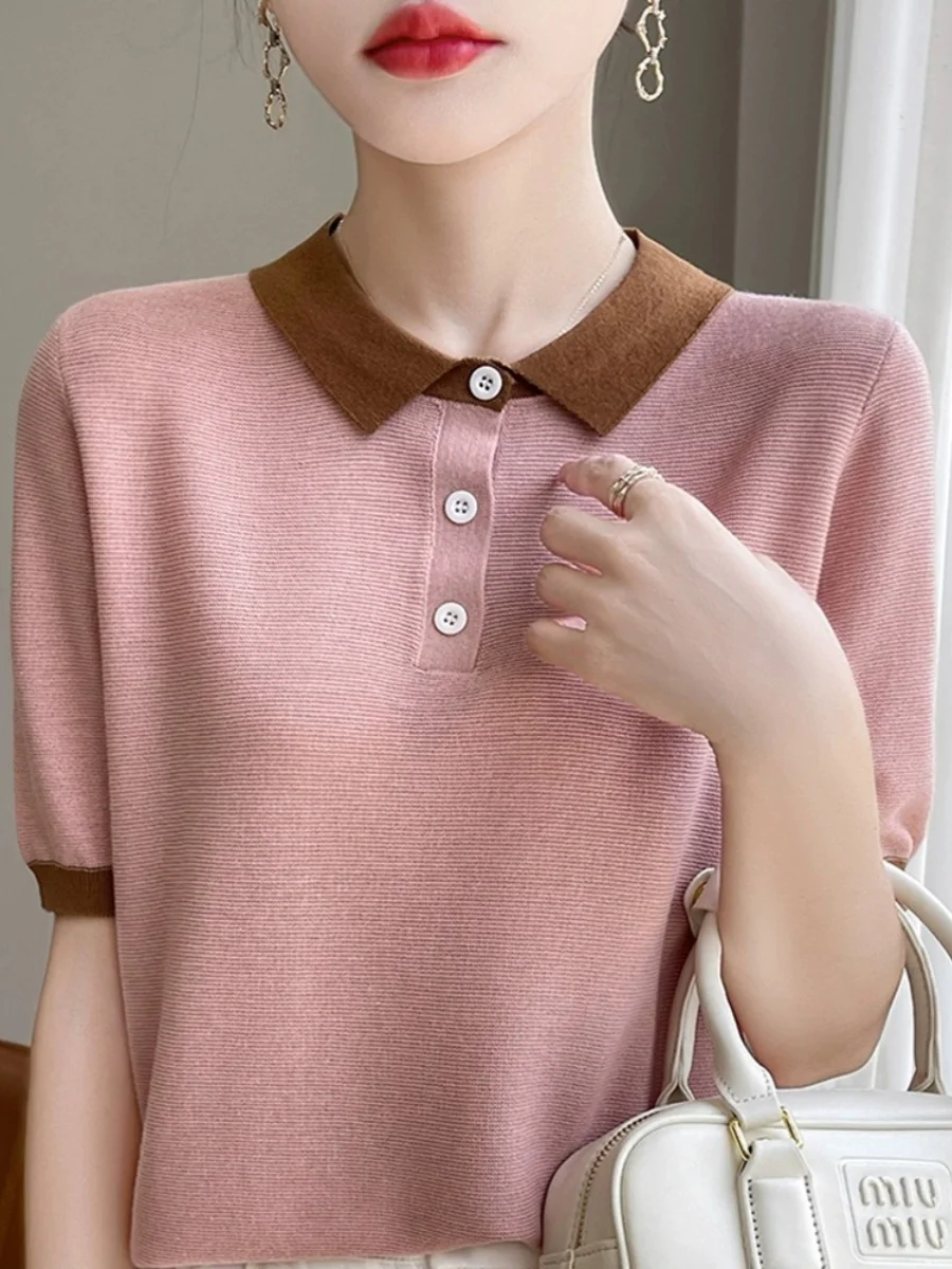 Sli Ne ort Sve T-Shirt für Damen, Sommer, 2024, neu, gestrickt, Basisschicht, Oberteil, Farbe, Blo-Design, Pendeln, einfache Sle