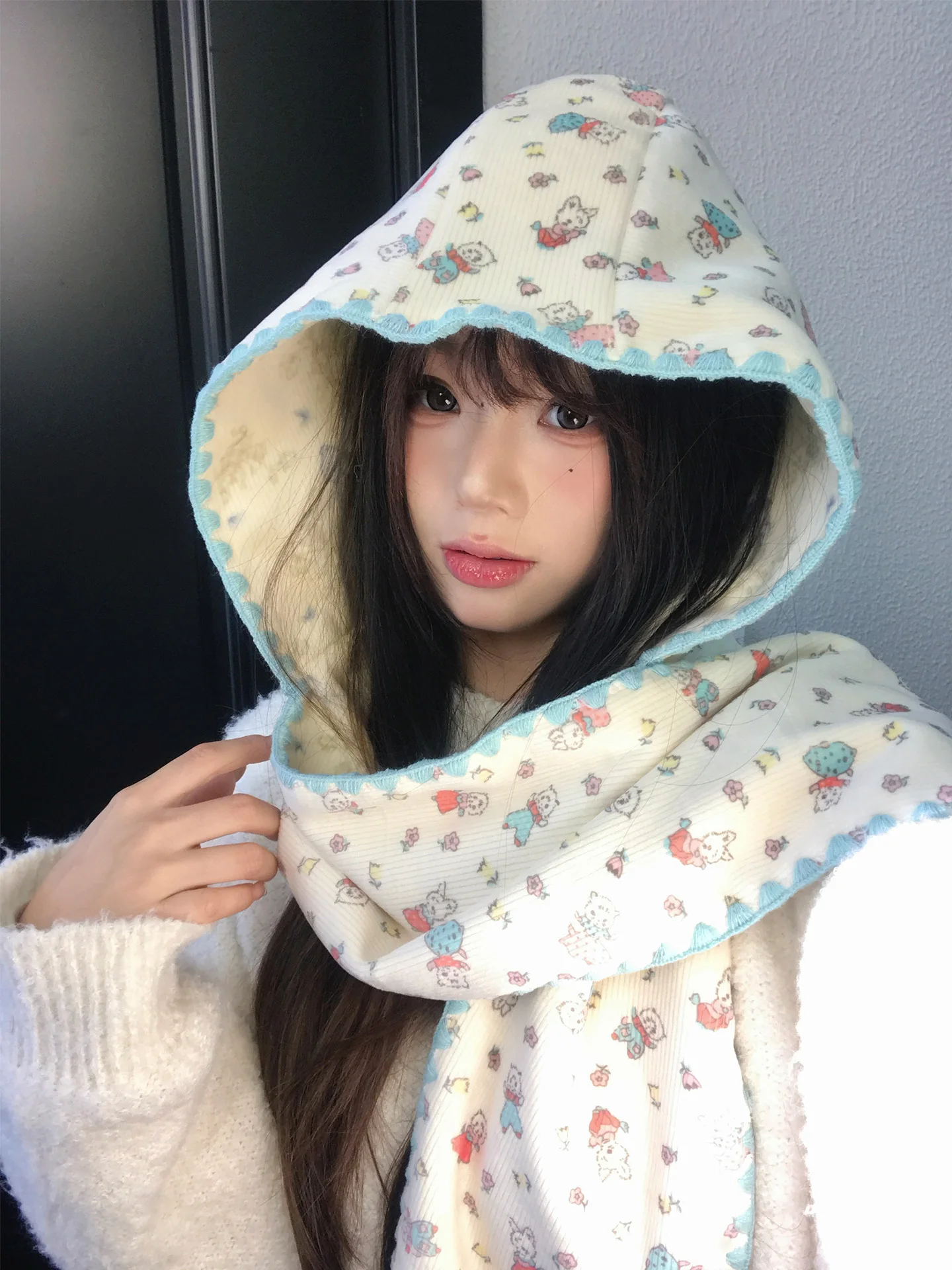 愛らしい漫画プリント両面帽子スカーフセット女性の秋冬暖かいバラクラバ帽子ファッショナブルなネックウォーマースカーフ