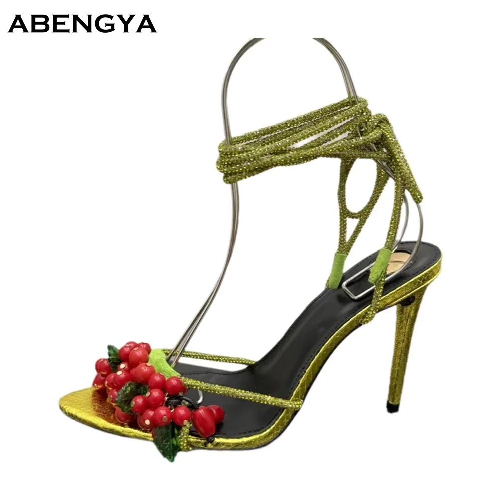 Summer New Leather Gladiator Sandals Women Open Toe String Bead High Heel Beach Shoes Designer Fashion Party Banquet Shoes Women