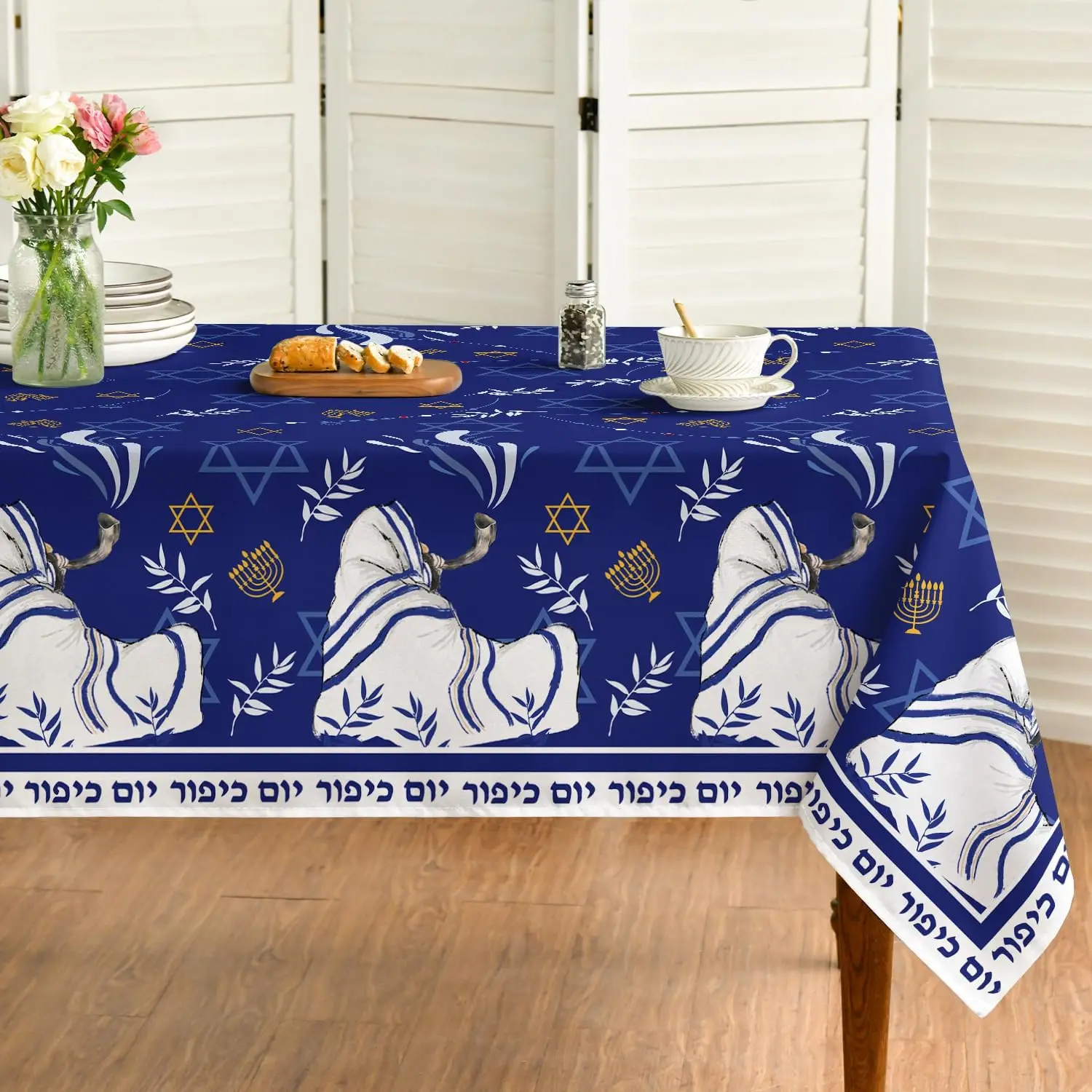 Yom Kippur Day Shofar Hexagram Rectangle Tablecloth for Table Decor Reusable Kitchen Dining Tablecloth Jewish Holiday Decor