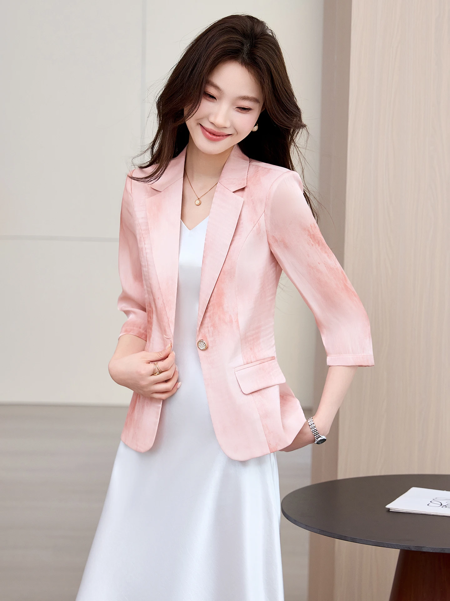 Women's Slim Fit Suit Jacket And Dress Two Piece Set Summer Thin Maturity Style Professional Office Wear Midi Sleeve Western ...