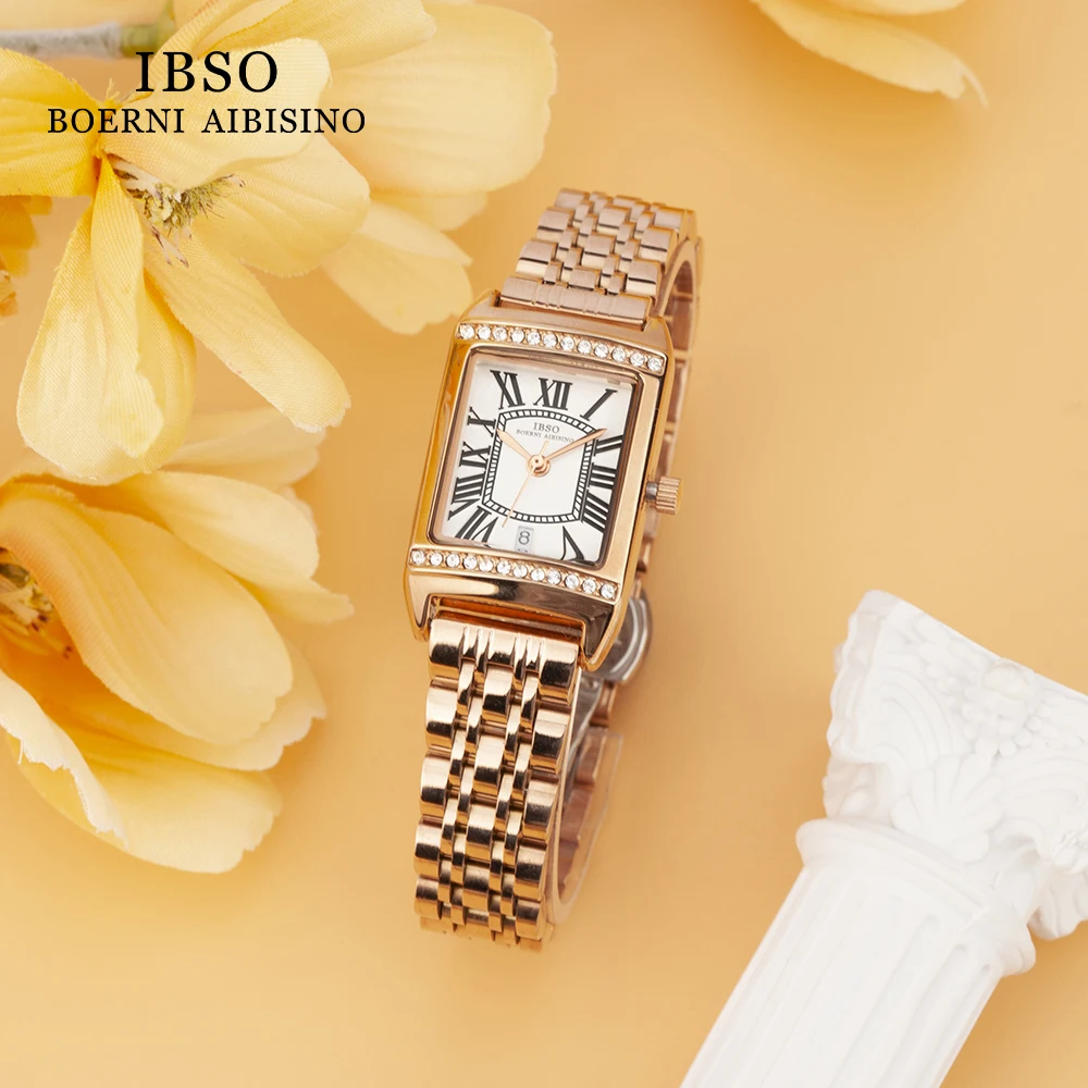 IBSO Women Rectangle Quartz Watches Luxury Stainless Steel Strap Zircon Attached 3ATM Waterproof Japanese Quartz Movement #9638