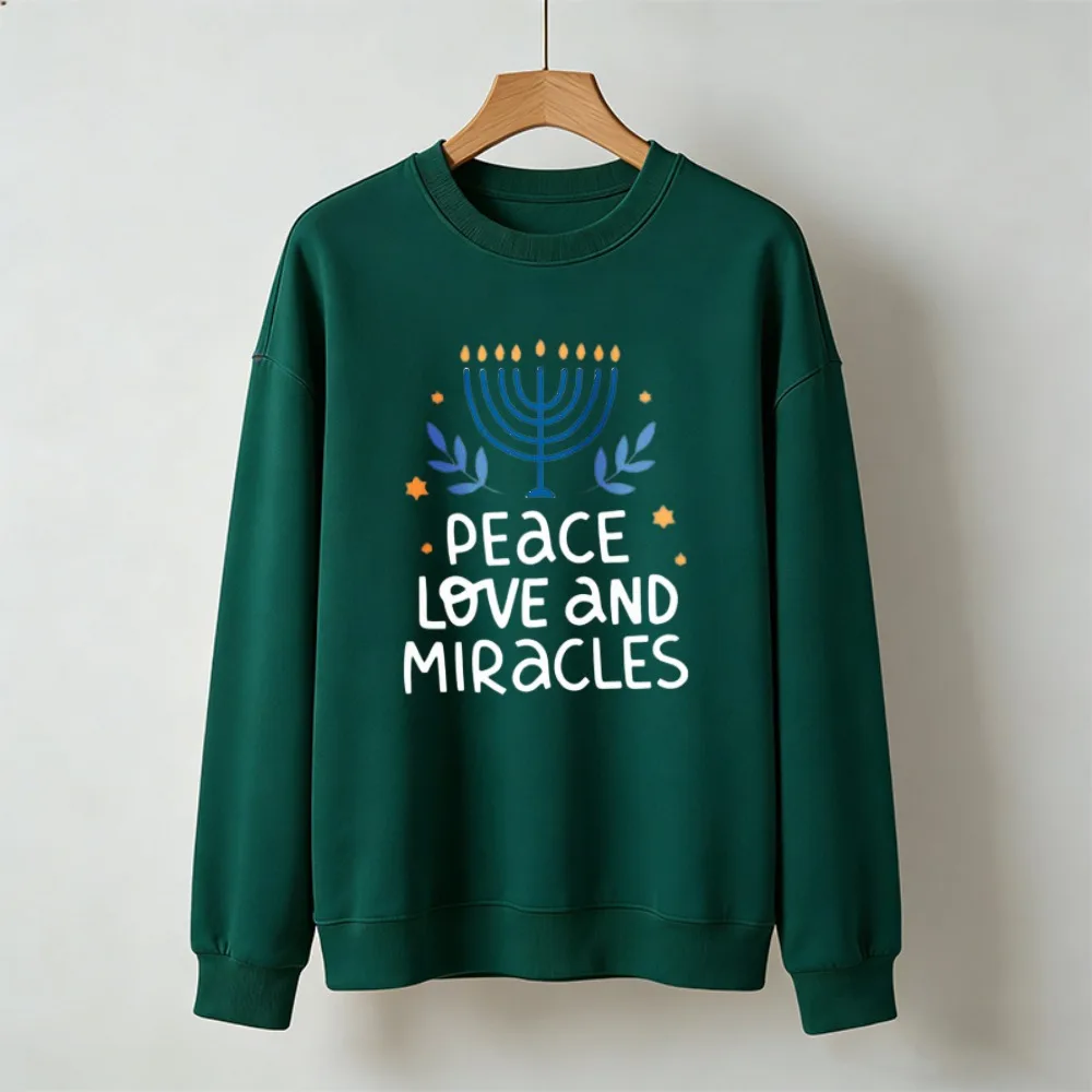 Peace Love and Miracles Menorah Graphic Pullover Casual Long Sleeve Top Hanukkah Jewish Festival Streetwear Sweatshirts Tops