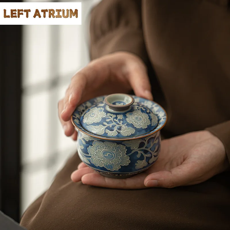 170ml Ru Kiln Blue And White Peony Gaiwan Handmade Tea Tureen Tea Bowl With Lid Kit Tea Maker Cover Bowl Ceremony Collection view 6