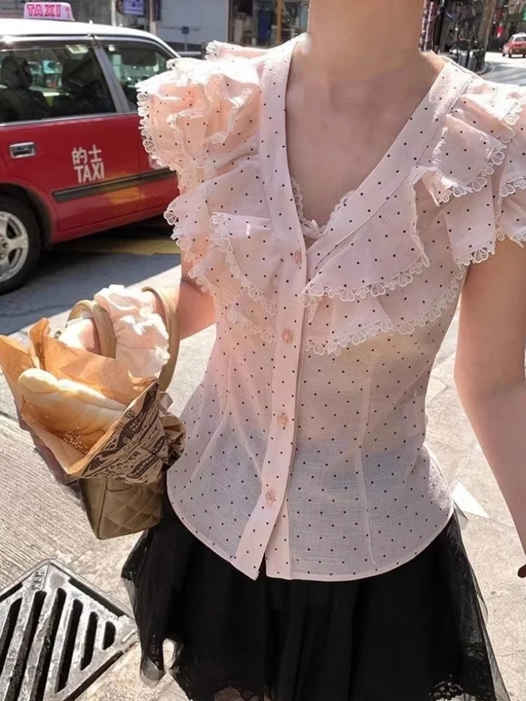 Y2k estética doce bolinhas blusa feminina vintage único breasted blusas rendas retalhos fada verão feifei mangas grunge topos