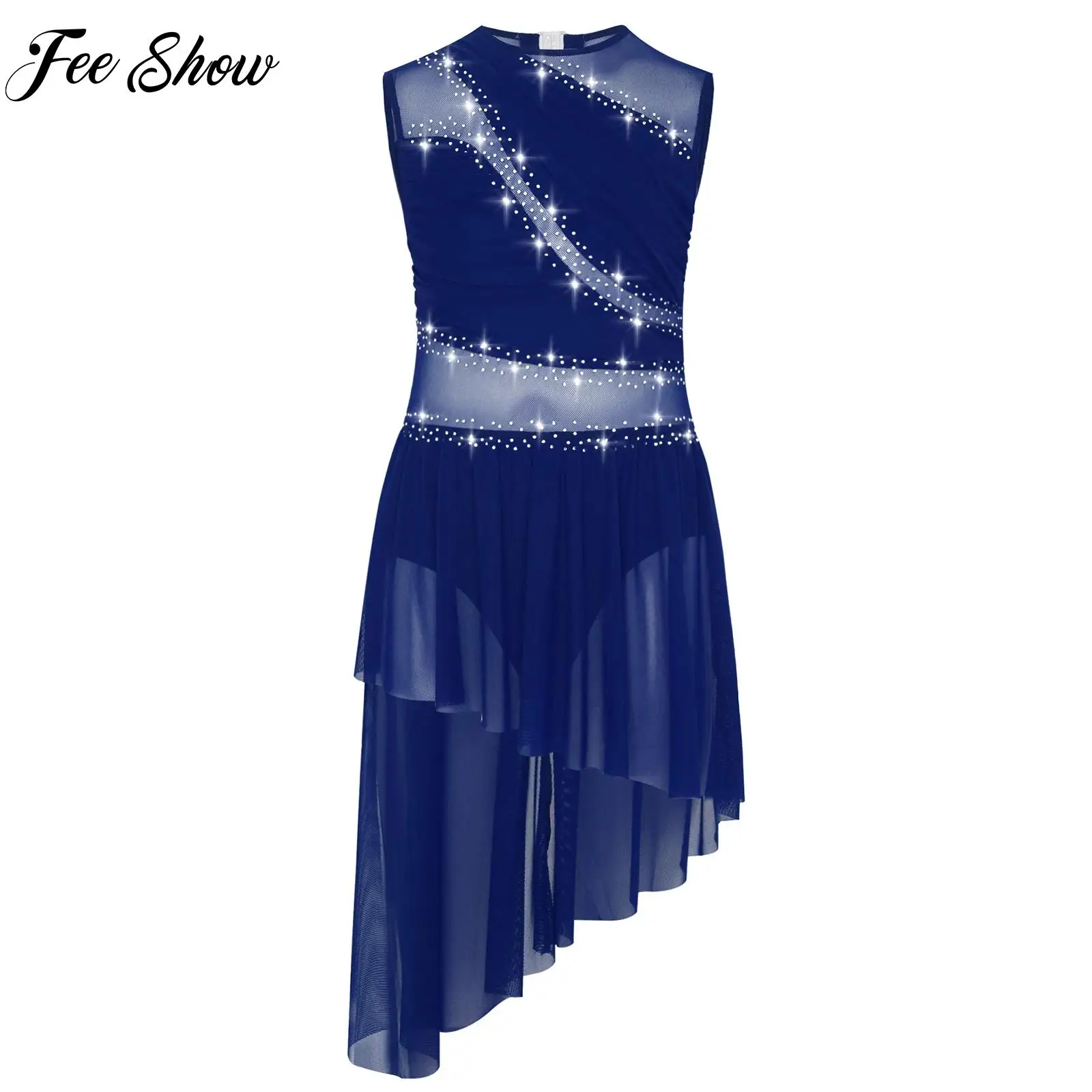 

Kids Girls Figure Skating Dance Costume Sleeveless Asymmetrical Hem Rhinestone Mesh Dress Ballerina Costume Lyrical Dancewear