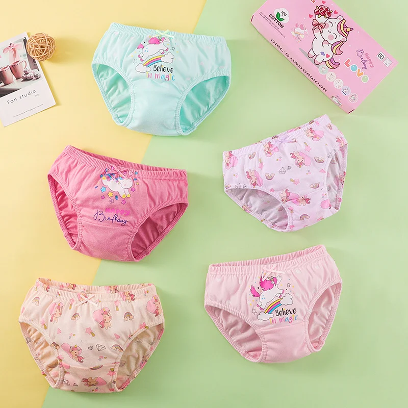 5-Pack Girls Briefs Cotton Washable Children Underwear Cartoon Rainbow Pattern Girls Panties Soft Breathable Kids Triangle Panty