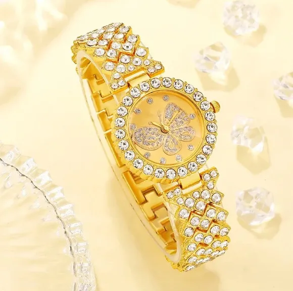 2pcs Luxury Fashion Women Watch Set Gold Strap Ladies Quartz Wristwatch Alloy Bracelet for Ladies Jewelry Set Clock