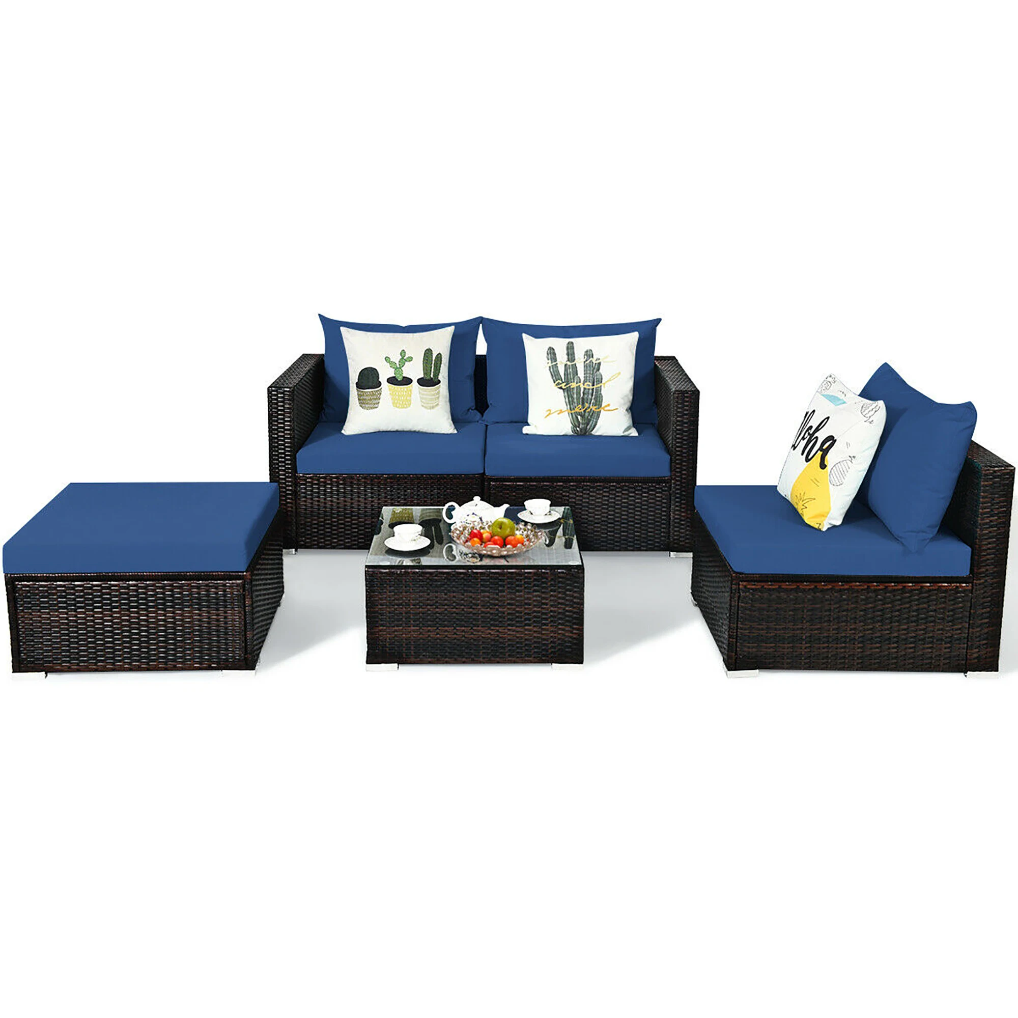 5PCS Patio Rattan Furniture Set Sectional Conversation Sofa w/ Coffee Table Navy