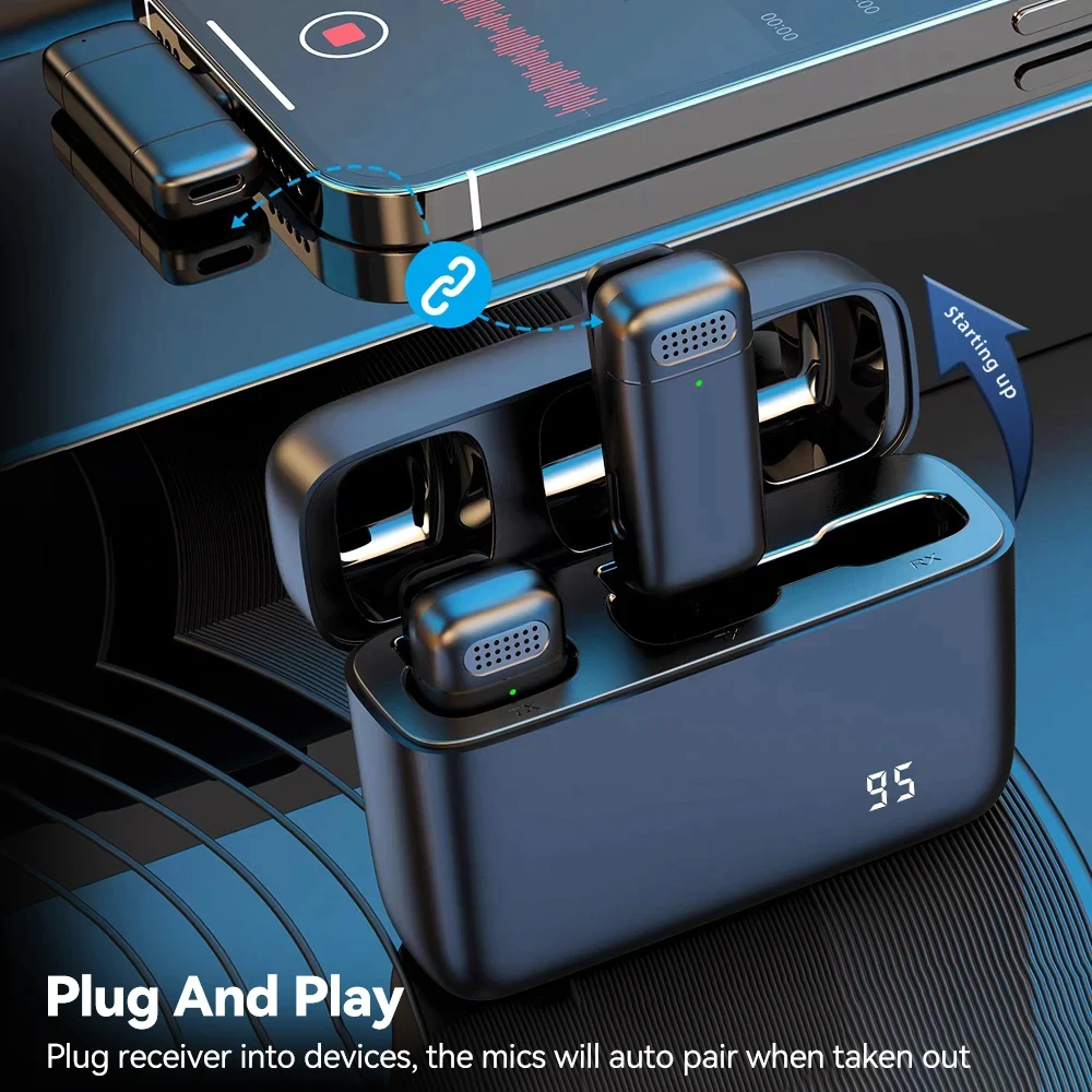 Basix draadloze lavaliermicrofoon Oplaadbehuizing Microfoon Draagbare audio-video-opname voor iPhone Android Live Gaming-microfoon