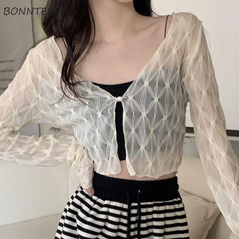 Solid Jackets Women Spring Summer Single Button Lace Transparent Thin Slim V-neck Rhombus Lattice Design Short Fashion Ins Cozy