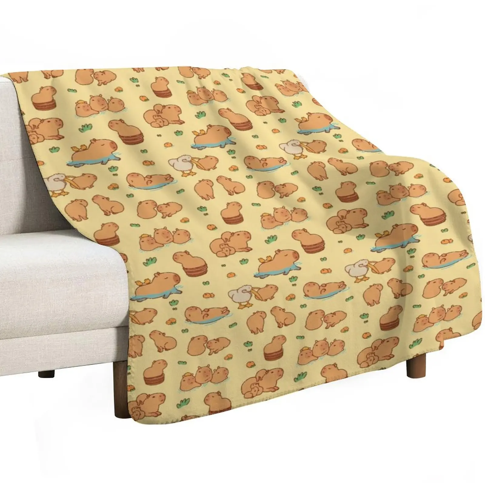 Capybara cute seamless pattern, yellow background Throw Blanket Stuffeds Shaggy Soft Plaid Camping Blankets