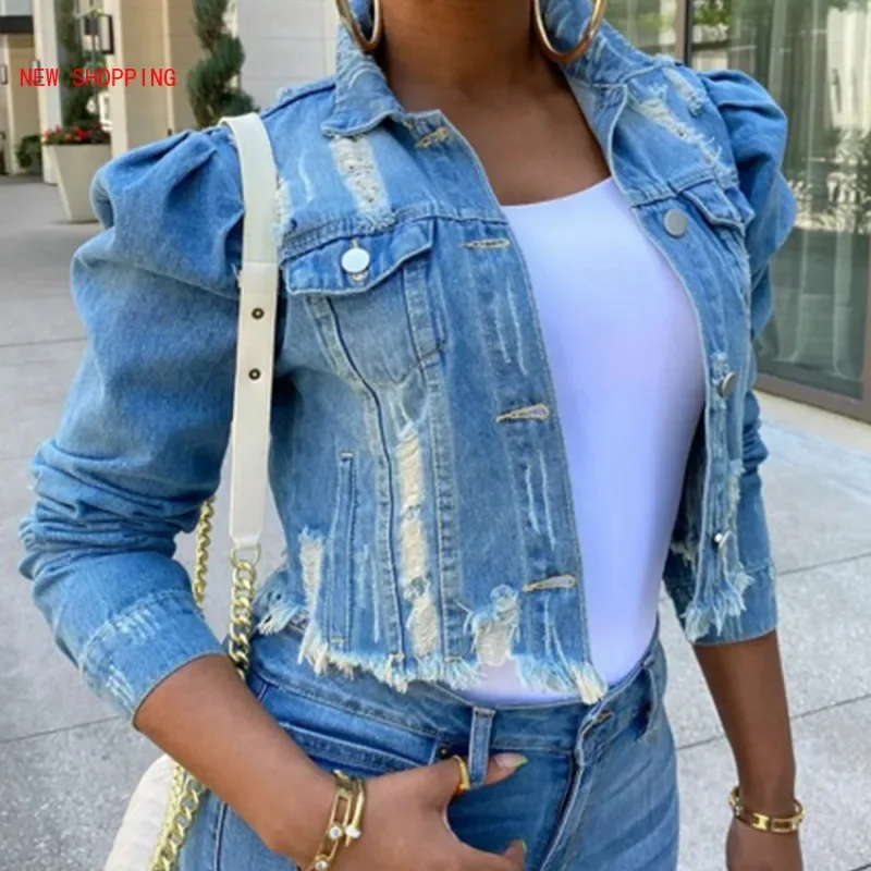 

Autumn Women Sexy Ripped Denim Jackets 2021 Vintage Casual Short Jean Jacket Puff Sleeve Winter Female Coat Streetwear Plus Size