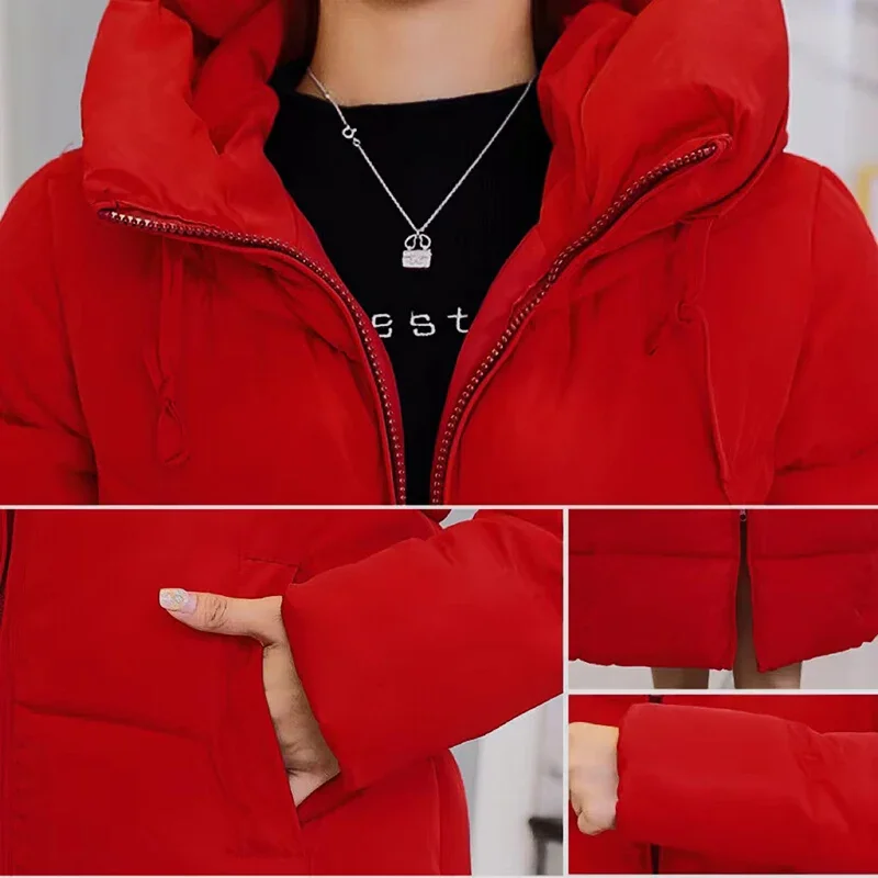 Women\'s Winter Long Parka Solid Color Thick Warm Hooded Cotton-padded Jacket Fashion Street Long Down Cotton-padded Jacket