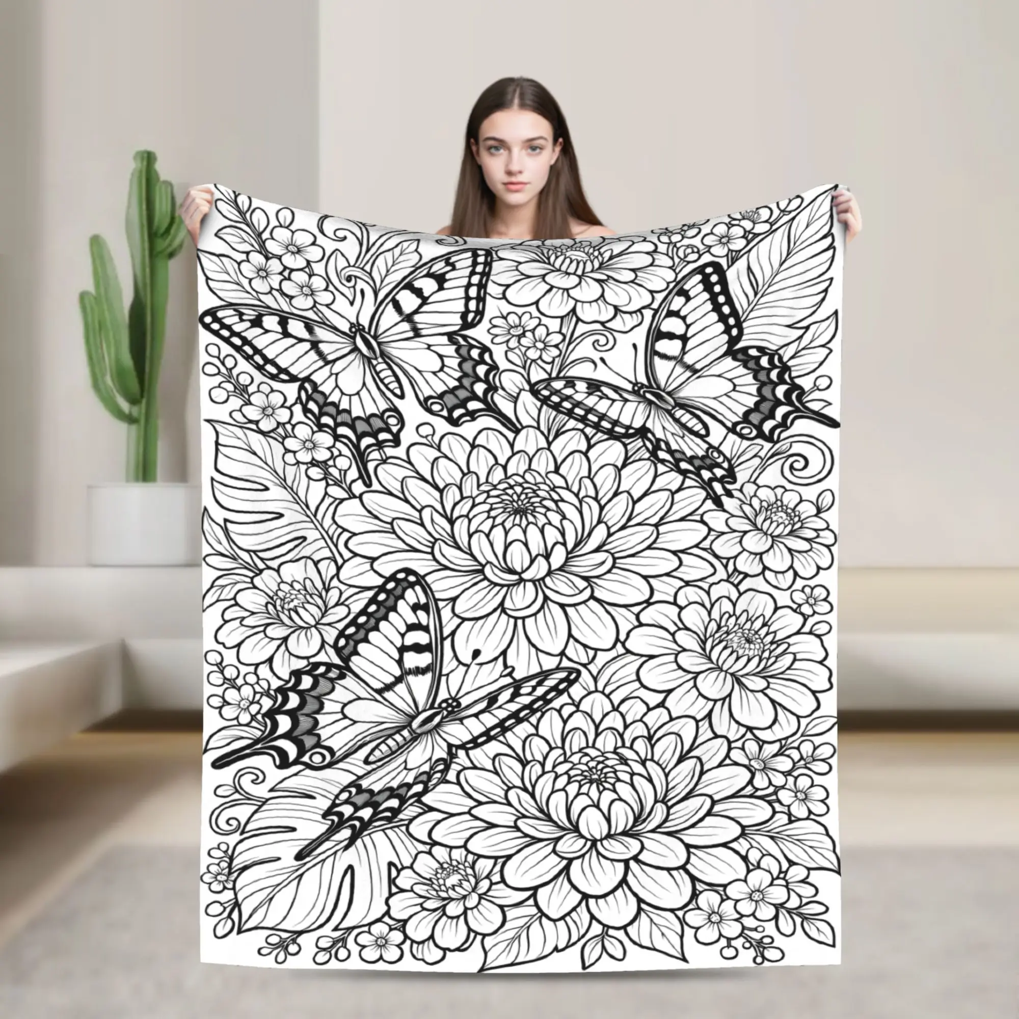 Butterfly Floral Line Doodle Blanket Warm Soft  Throw Blanket Winter Travel Office Couch Chair Sofa Bed Fashion Bedspread
