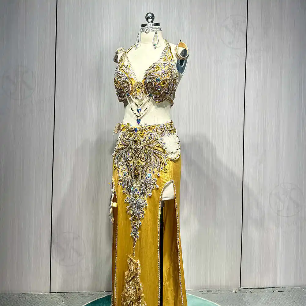 Elegant Rhinestone Belly Dance Outfit for Women, Gold Bra Top & Split Skirt for Professional Dance Competition