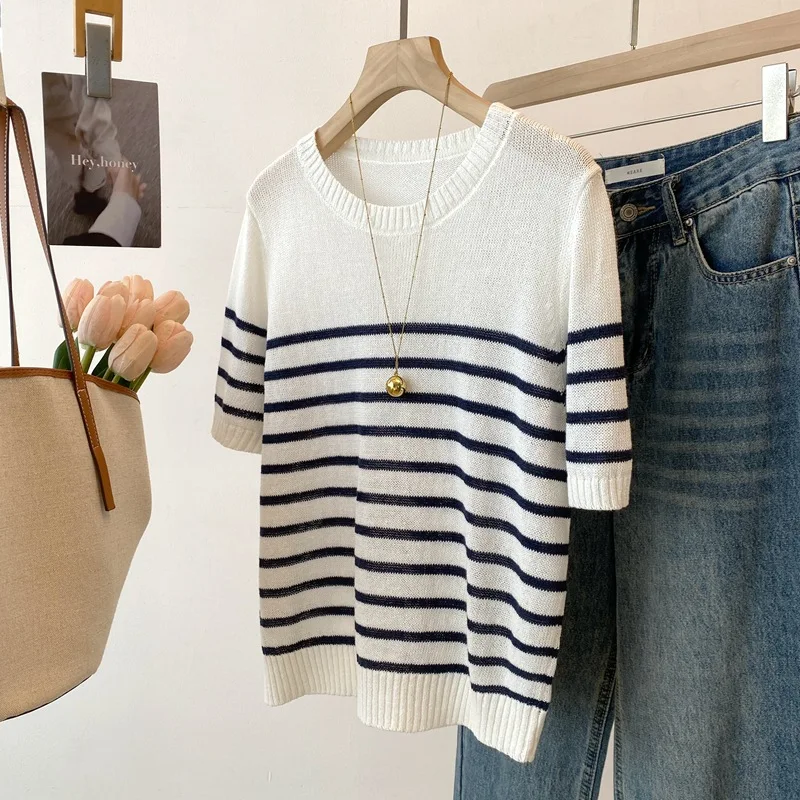

Dave&di 26 Summer New Product French Retro Stripe Knitted Shirt For Women And Paper Yarn Short Sleeve Top For Women