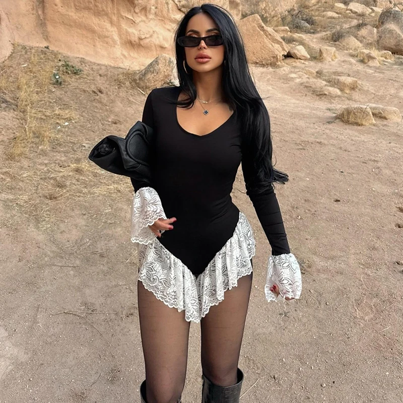 

Tornova Sexy Lace Splice Playsuits For Women 2025 Autumn Winter New Contrast Color Slim High Waist Sexry Rompers Female Fashion