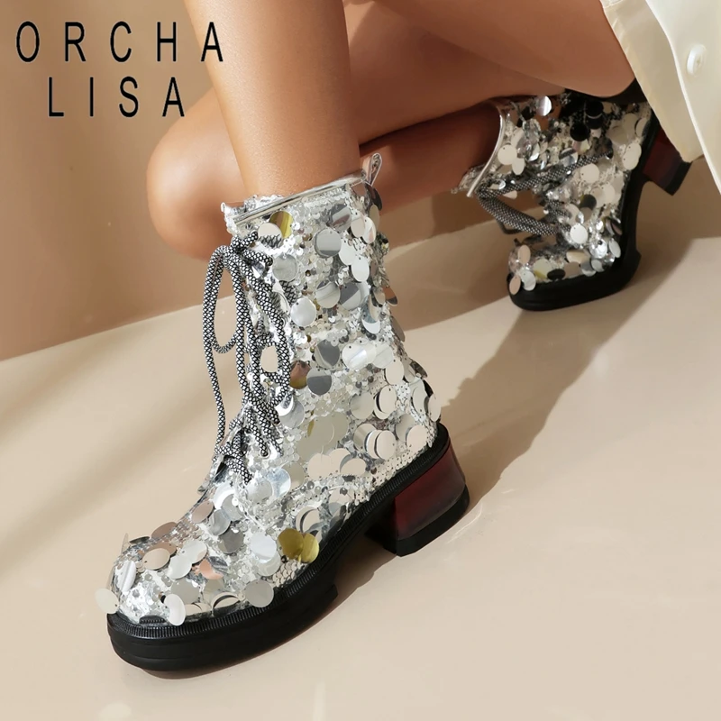 

Женские ботильоны на блочном каблуке, с блестками, на платформе 5 см