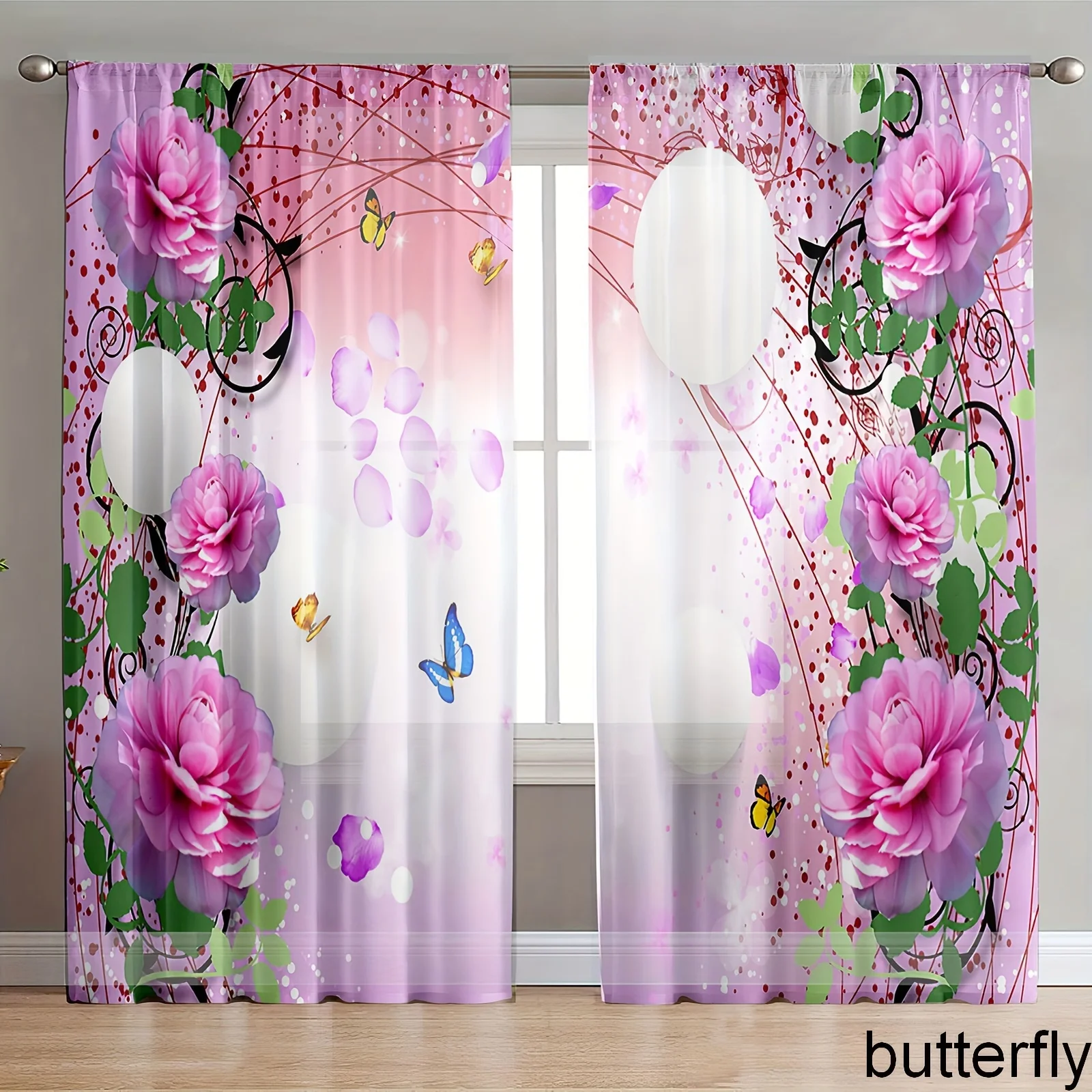 2 Panel Butterfly Voile Sheer Curtain Transparent Curtain for Bedroom Living Room Shutters Window Size can be Customized 240*270