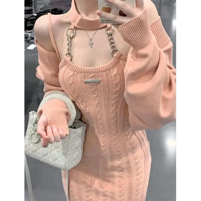 Korean Chunyu Style Knitted Camisole Dress, Spicy Girl Style Set, Hanging Neck Women's Dress, Autumn Two-piece Cover Up Top