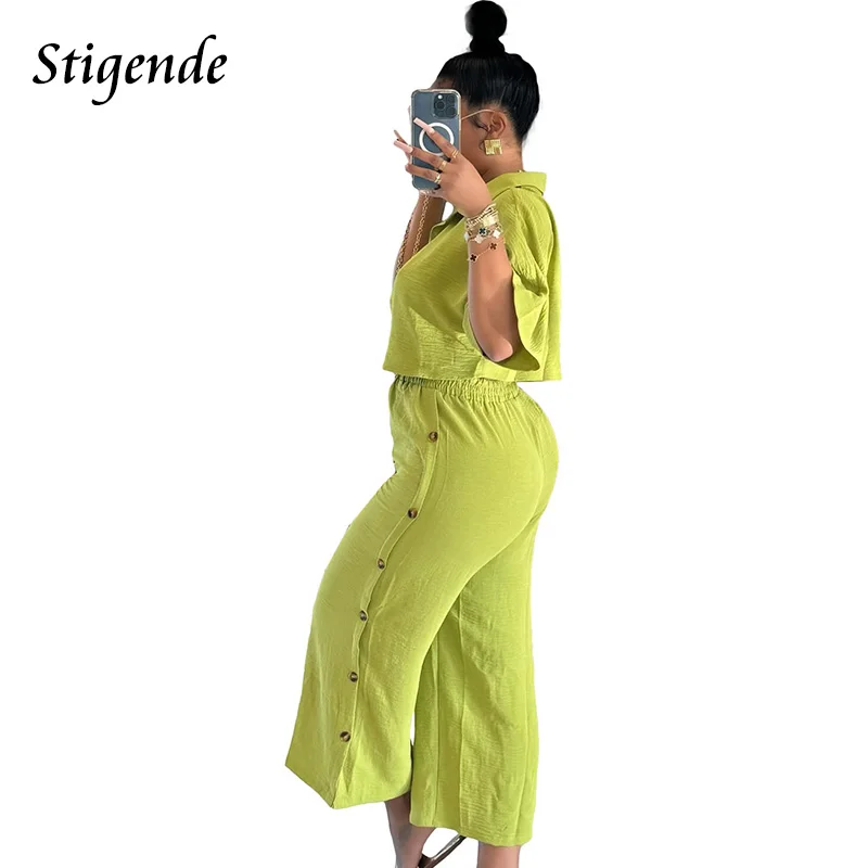 Stigende Women Loose Fit Two Piece Tracksuit Set Turn Down Collar Crop Top Shirts Breasted Wide Leg Pants