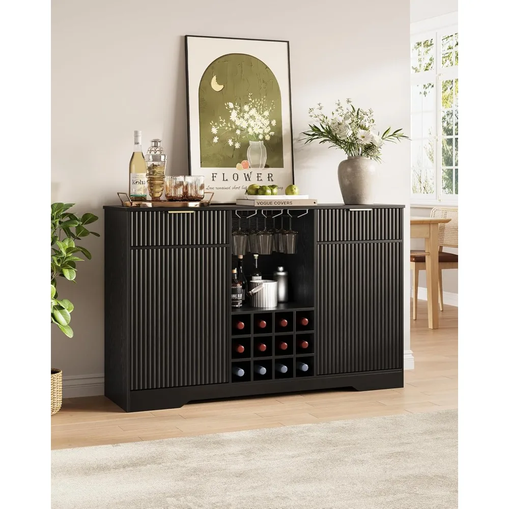 

55" Fluted Wine Bar Cabinet - Coffee Bar Cabinets for Home with Storage, 2 Door & 2 Drawer Buffet Sideboard