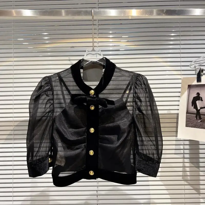 

Summer 2025 New Sle Little Fraance Wind Knot ort irt Transparent Lace Inner Strap Classic round Collar Butt...