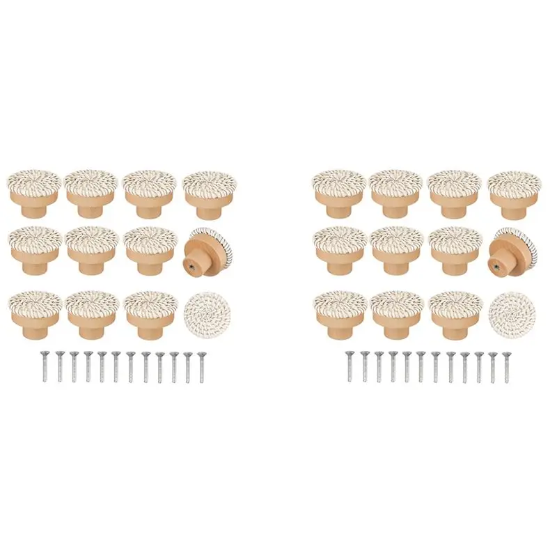 ABSE-Boho Rattan Dresser Knobs Round Wooden Drawer Knobs Handmade Wicker Woven And Screws For Boho Furniture Knobs Beige 24Pc