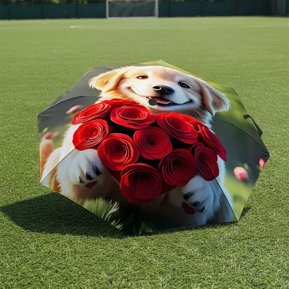 1P C Playful Dog Holding Roses on Umbrella Design Print 8 Iron Ribs Folding Umbrella Auto-Open Fashion Sunshade