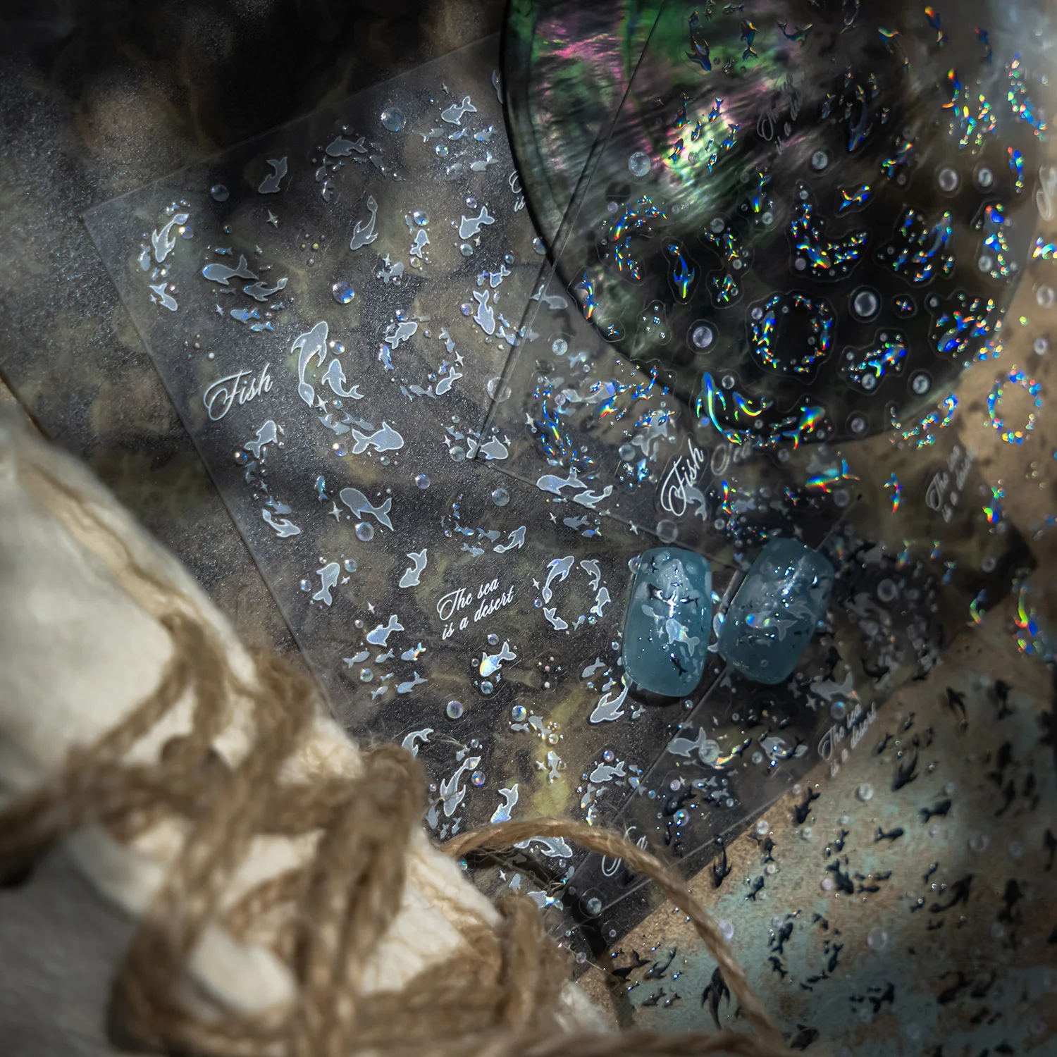 Laser Silber Sternen Meer Delfine Nail art Aufkleber 5D Metall Shell Licht Kleber Nagel Dekorationen Aufkleber DIY Maniküre Aufkleber