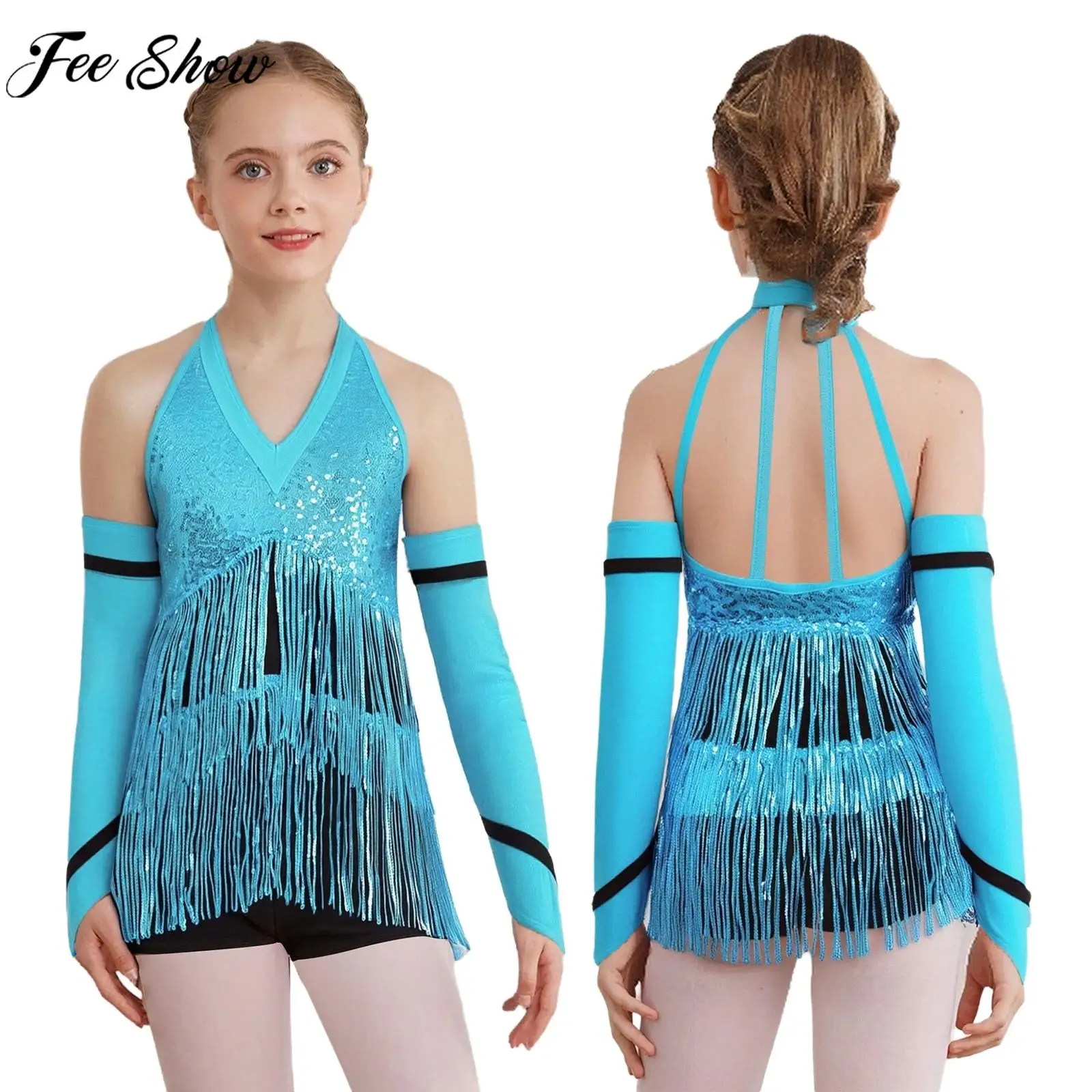 Girls Latin Jazz Dance Cha-cha Tango Samba Rumba Ballroom Bodysuit Halter Shiny Sequins Tassel Leotard with Gloves Dancewear