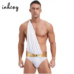 Halloween Ancient Greek Roman Knight Warrior Bodysuit Mens One Shoulder Metallic Belt Briefs Toga Jumpsuit Cupid Cosplay Costume