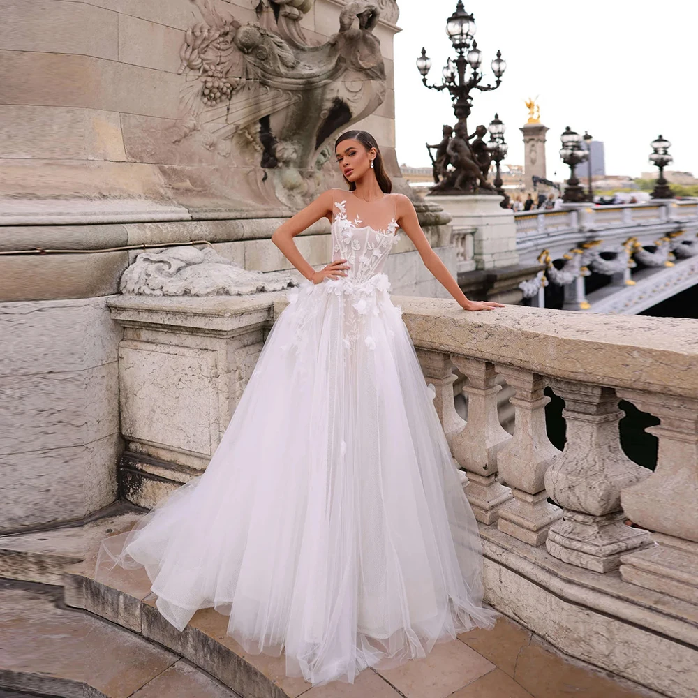 

Attractiv A Line Lace Wedding Dress vestidos de novia 3D flowers Sleeveless Appliques Bride Dresses Soft Tulle Wedding Gowns