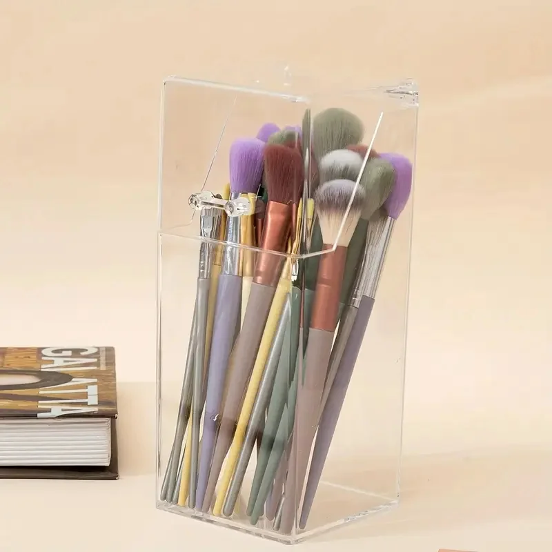 Soporte para brochas de maquillaje, organizador de herramientas para brochas cosméticas acrílicas transparentes cuadradas con tapa a prueba de polvo, caja de almacenamiento para lápices de cejas